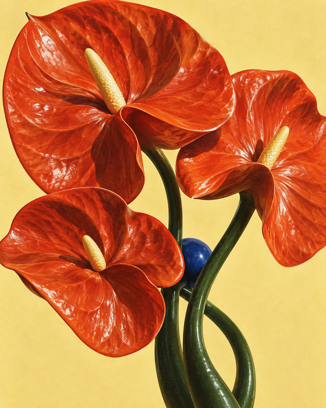 Sculptural vermilion anthurium flowers, forest-green stems and a cobalt sphere on warm butter-yellow paper